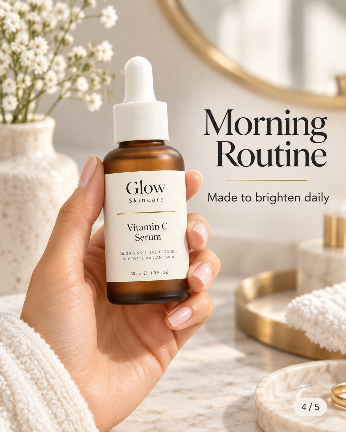 Generated carousel slide: Morning Routine — hand holding Glow Skincare serum